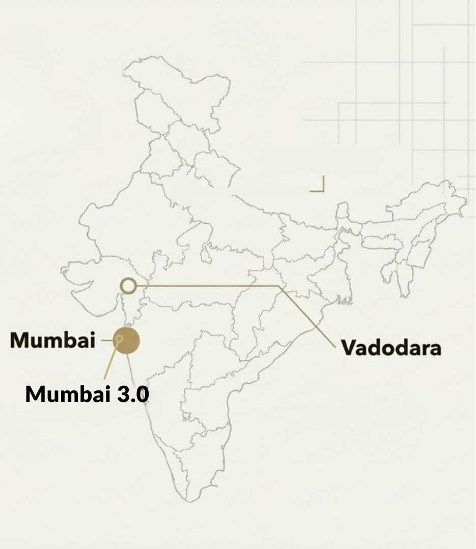 Map of India showing Johnson Real Estate project locations in Mumbai, Mumbai 3.0 Panvel and Vadodara