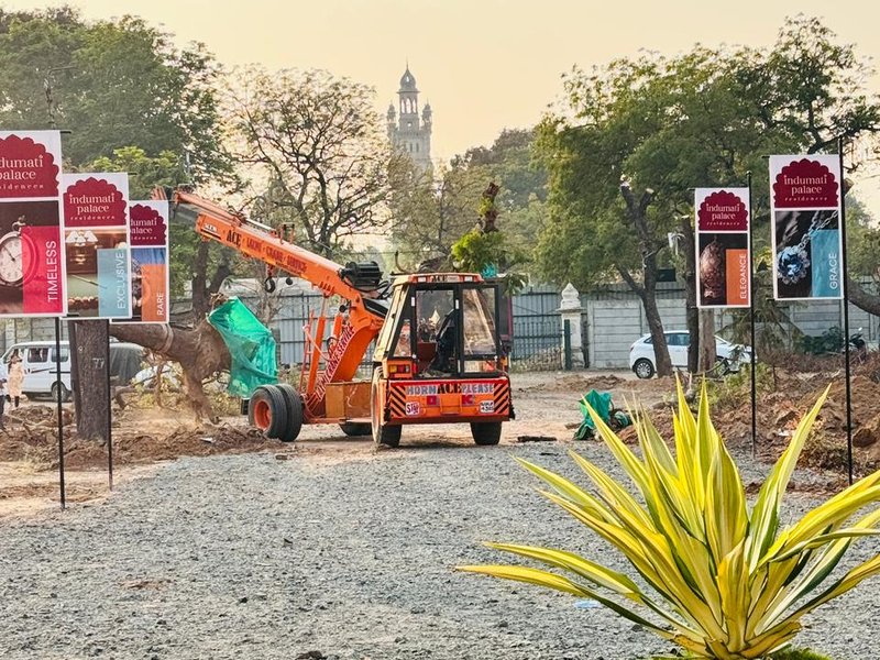 Indumati Palace Residences Vadodara construction update February 2026 - site hoarding and early landscaping in place