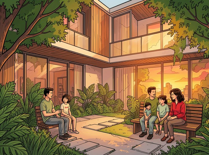 Lush landscaped courtyard with water features in a sustainable Johnson Real Estate development